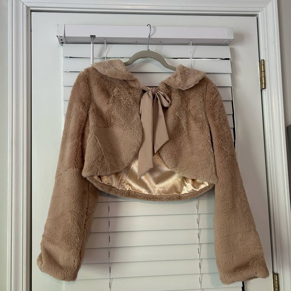 Allegra K Tan Bomber Jacket Faux Fur Plush